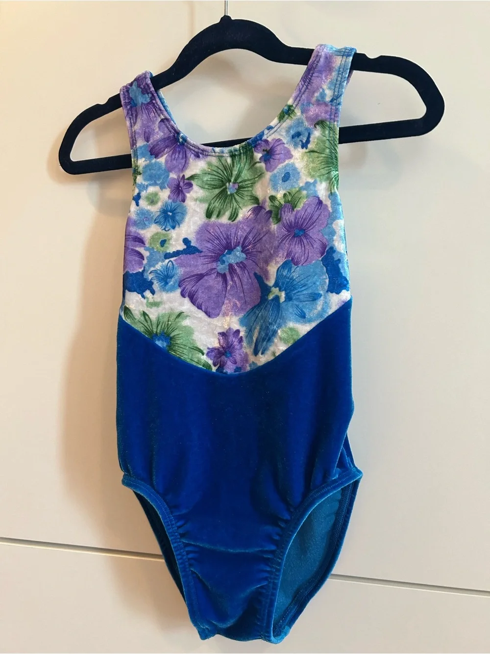 GK Girls Blue Floral Tank Velvet Gymnastics Leotard - Child’s Medium